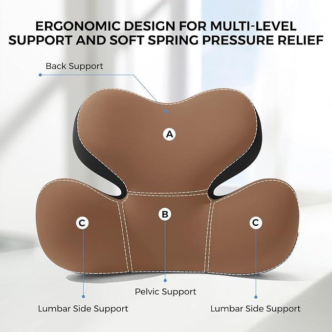 BEBAS Ergonomic Memory Foam Lumbar Support Pillow for Car, Coffee | Zoned Pressure Relief for Back Support, Lumbar Cushion with Fixed Ring, Breathable Washable Cover, Fits for Driving & Office