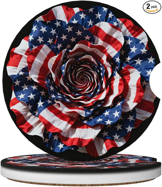 American Flag Rose 2 Pack Car Cup Holder Coasters Absorbent Ceramic Drink Coasters 2.56" Universal Anti Slip Cup Mat with Cork Base and Finger Notch Auto Accessories Interior for Women Men
