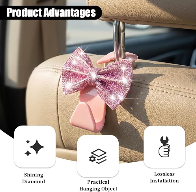 2PCS Bling Bow Headrest Hooks, Car Seat Bag Hangers, Pink | Pvc and rhinestone construction, butterfly bow decoration, rear seat storage, bag and coat hanging, car interior accessories