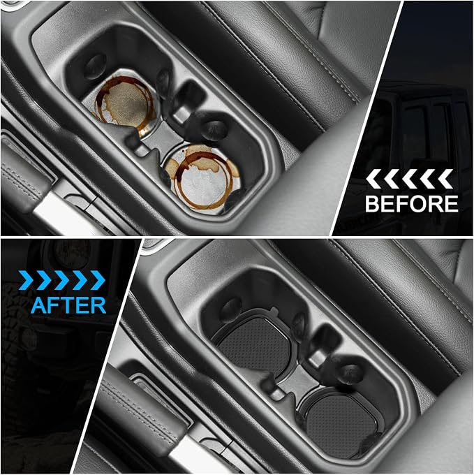 Cup Holder Coaster for Wrangler JL JLU 2018-2025 2026 Wrangler Accessories | for Gladiator JT 2020-2026 Silicone Cup Inserts, Interior Mats Pad, 4-pcs Set, for Deep Rear Cup Holders, Black Trim