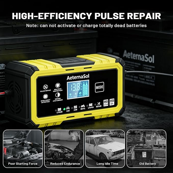 15-Amp 12V/24V Smart Battery Charger Trickle Charger for LiFePO4,Lead Acid Batteries Smart Battery Maintainer with Temp Compensation for Car Truck Lawn Mower Boat Marine