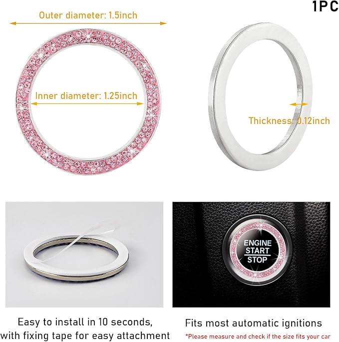 Kewucn Bling Crystal Double Rhinestone Car Engine Start Decoration Ring, Sparkling Push Start Button Sticker, Key Ignition & Knob Ring Decoration, Bling Car Interior Accessory(Pink)
