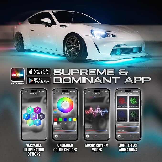OPT7 Aura Flexible Car Underglow Lights with APP & Remote Control | 4PCS RGB LED Strips, Multicolor Music Modes, 12V Neon Accent Underbody Lighting, Universal Fit for Car Truck SUV, JDM Gifts