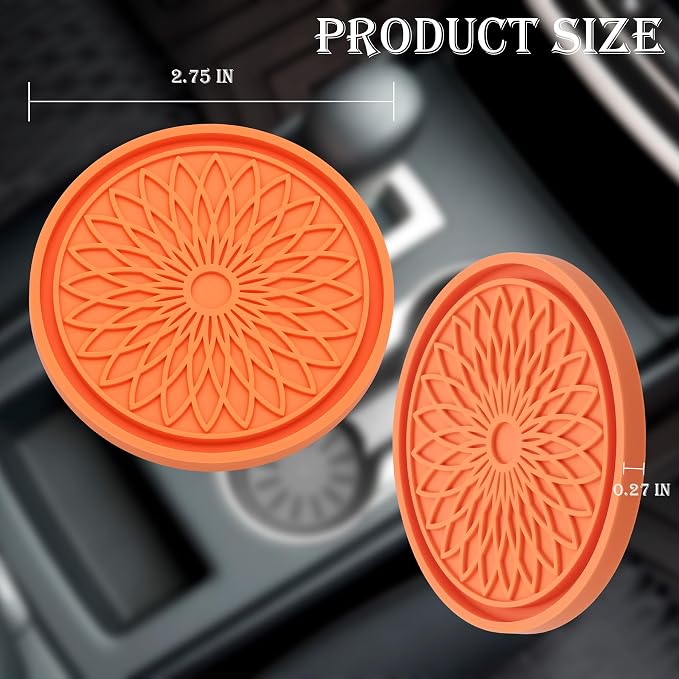 2-Pack Car Cup Holder Coaster Inserts, 2.75 Inch Non-Slip Silicone Liners, Shockproof Drink Holder Mat for Women Men, Universal Fit for Most Vehicles (Orange)