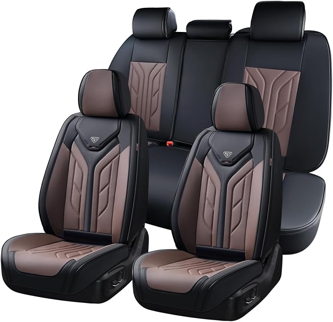 Coverado Car Seat Covers Full Set, Automotive Seat Covers Car Seat Protector Car Seat Cushion, Waterproof Leather Seat Covers for Cars, Universal Fit for Most Sedans SUV Pick-up Truck(Black&Coffee)