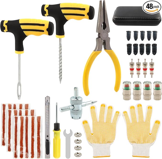 48Pcs Heavy Duty Tire Plug Kit, Off Road Emergency Puncture Repair for SUV, Truck, ATV, UTV, Tractor & Motorcycle, Fast Seal Tire Repair Kit with Tools