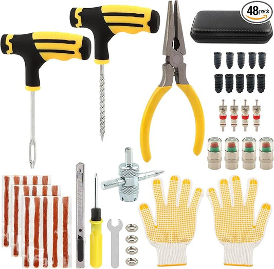 48Pcs Heavy Duty Tire Plug Kit, Off Road Emergency Puncture Repair for SUV, Truck, ATV, UTV, Tractor & Motorcycle, Fast Seal Tire Repair Kit with Tools