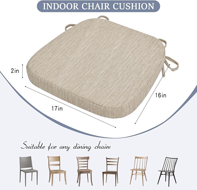 baibu Kitchen Chair Cushions Set of 4, Dual-Layer Patented Design Memory Foam Dining Chair Pads with Ties and Washable Cover, 4 Pack, 17" x 16" x 2", Beige