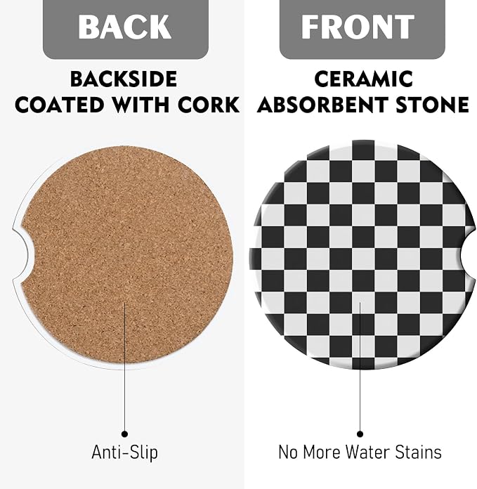 2 Pack Car Coasters for Cup Holders, Absorbent Ceramic Cup Coaster with Cork Base and Finger Notch, Cute Car Accessories Interior for Women Men (Grid-Black)