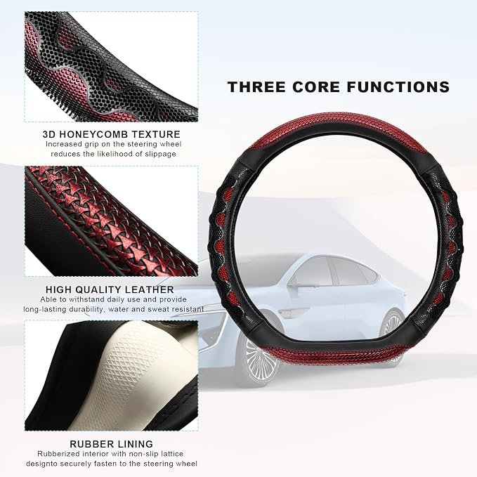 Car Steering Wheel Cover, Anti-Slip Breathable Steering Wheel Protector with 3D Honeycomb Design, Sporty Elastic Protective Cover for 14.5-15 Inch Flat Bottom Steering Wheels (Red)