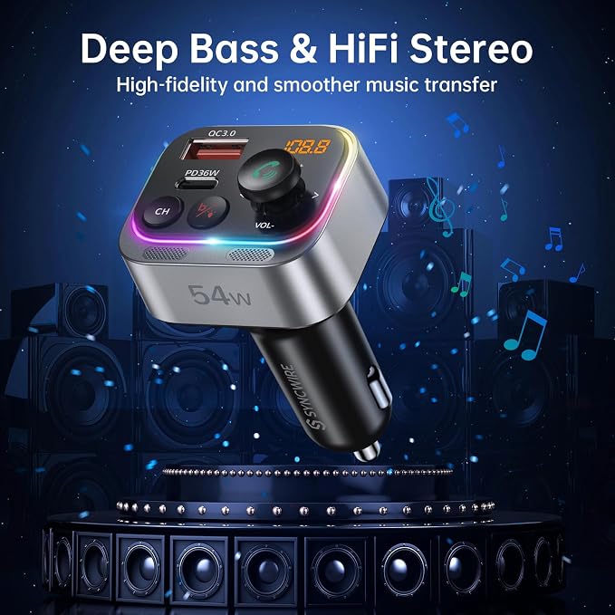 Syncwire Bluetooth 5.4 FM Transmitter Car Adapter 54W (PD 36W & 18W) [Stronger Dual Mics] [Light Switch] [HiFi Bass Sound] [Fast Charging] Wireless Radio Receiver Hands-Free Calling LED Display | [Stronger Dual Mics] [HiFi Bass Sound] [Fast Charging] W...