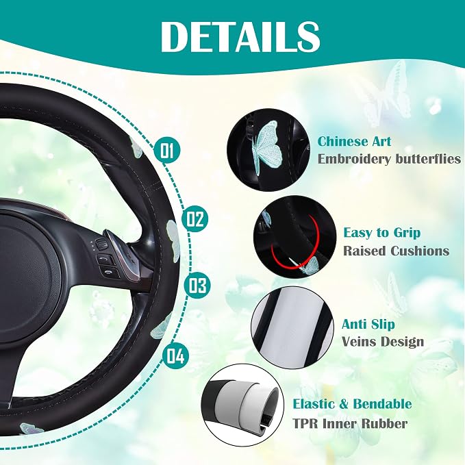 Car Pass Mint Embroidery Butterfly Steering Wheel Cover, Universal 15 Inch Car Wheel Cover for Women Girls, Fit for Suvs,Small Trucks,Sedans,Cars (Black and Mint)