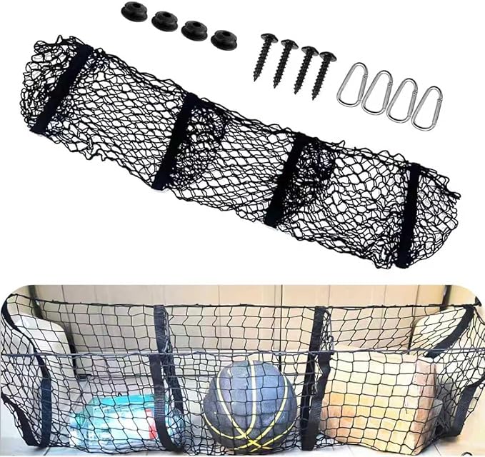Car Cargo Net, Expandable 3 Pocket Trunk Organizer Mesh, High-elastic Storage Net with 4 Carabiners, Universal Storage Accessoryfor Car, SUV, Pickup Truck (Black)