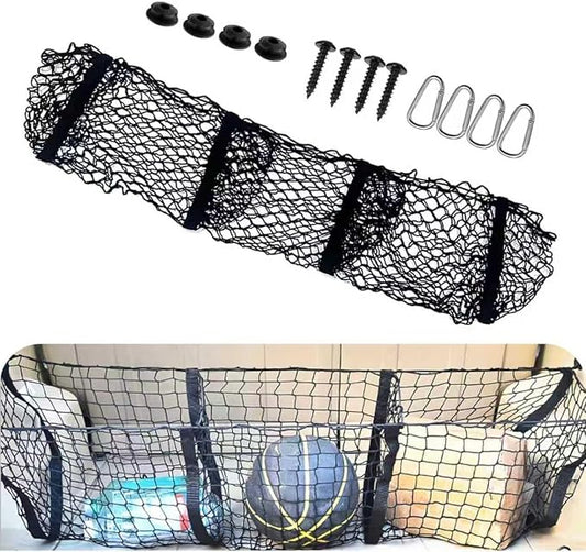Car Cargo Net, Expandable 3 Pocket Trunk Organizer Mesh, High-elastic Storage Net with 4 Carabiners, Universal Storage Accessoryfor Car, SUV, Pickup Truck (Black)
