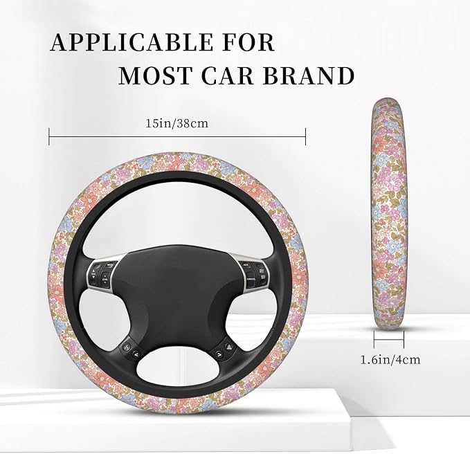 Pink Garden Plants Floral Neoprene Steering Wheel Cover Anti-Slip Elastic Steering Wheel Protective Cover 15in Universal Flower Car Accessories Fit Cars, SUVs, Auto