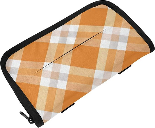 Orange and White Checkered Pattern Car Tissue Holder Durable Napkin Holder Hanging Tissue Holders Case Car Tissues Bag for Sun Visor Seat Back Universal Auto