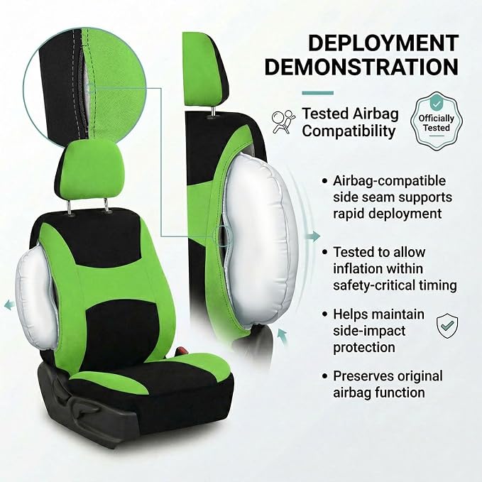 FH Group Universal Automotive Seat Covers 8 Seater Set | Light & Breezy Flat Cloth Washable Car Seat Cover for SUV, Sedan, Truck | Airbag Compatible Interior Upgrade - Green/Black