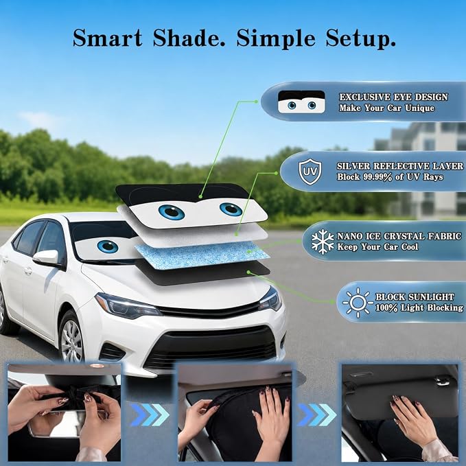 Car Windshield Sun Shade, Universal Fit Compact Sedan SUV, Classic Black | 59 x 27.5" Car Sun Visor, Foldable Front Window Sunshade, UV Heat Protection, Cute Eyes Series