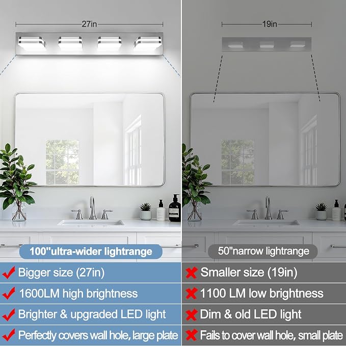Torondo 360° Rotate LED Bathroom Vanity Light Fixtures, Acrylic Vanity Lights for Bathroom, Modern Wall Lighting Fixtures Over Mirror Living, Chrome, Natural White, 4-Light, 27-Inch