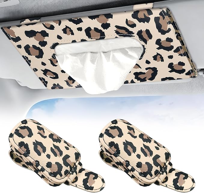 2 Pcs Sunglass Holder and 1Pcs Car Tissue Holder for Car,Magnetic Leather Sunglasses Holder Car Sun Visor Glasses Hanger Clip,Car Interior Accessories for Women(Light Brown Leopard Print)