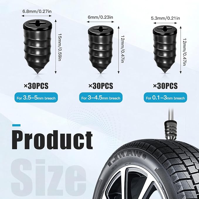 90 PCS Tire Repair Kit, 3 Sizes Tire Repair Screws Rubber Nails with Valve Stems & Pliers & Gloves, Flat Threaded Tire Plug Kit Screw Type Puncture Fix Tool Patch for Car, Motorcycle, Truck, ATV