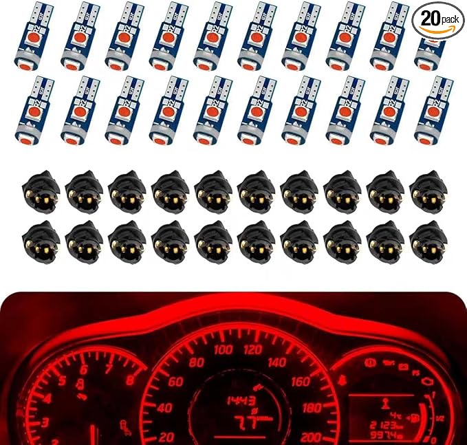 20 PCS 74 LED Bulb Dash Light, Super Bright T5 37 74 LED 3030-3SMD Instrument Light Bulbs, Universal 12V Car Dashboard Lamp Indicator Lights Lamp with Twist Lock Socket, for Most Cars (Red)