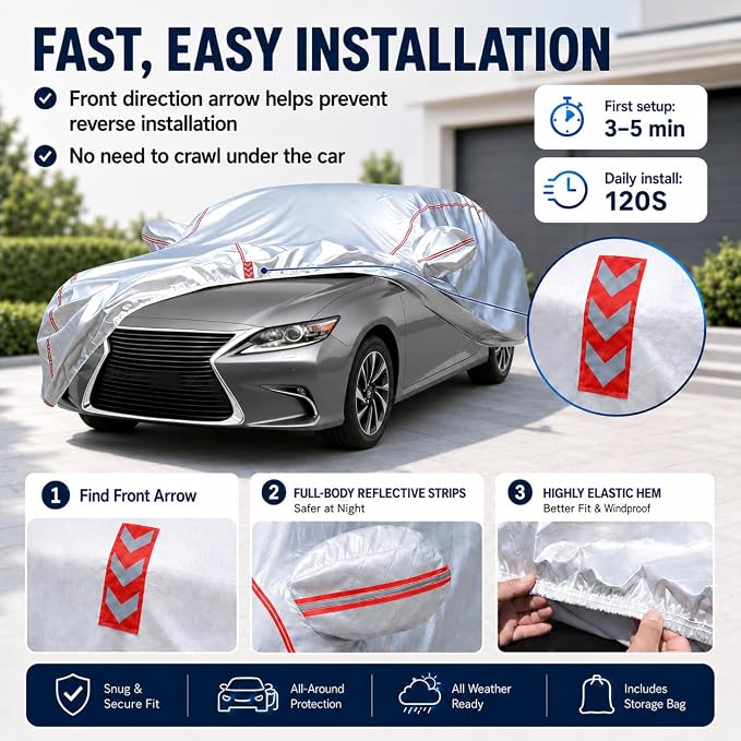 Waterproof All Weather Heavy Duty Vehicle Cover, 360° Underbody Wrap Windproof Design, Quick Install Outdoor Cover,（for Lexus ES 2001-2025）