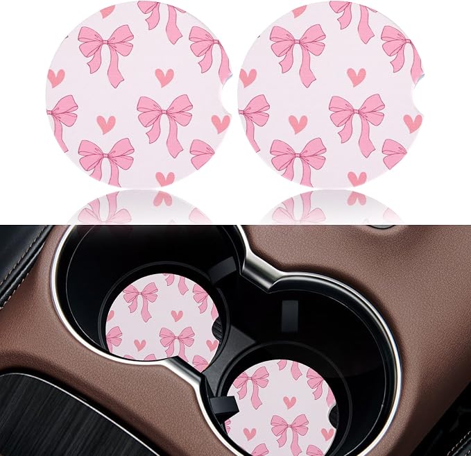 2 Pack Pink Bow Car Coasters for Women Car Cup Holder Coasters, 2.63 Inch Anti Slip Ceramic Absorbent Coaster with Cork Base and Finger Notch, Cute Car Accessories Interior