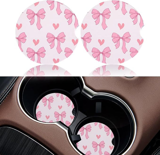 2 Pack Pink Bow Car Coasters for Women Car Cup Holder Coasters, 2.63 Inch Anti Slip Ceramic Absorbent Coaster with Cork Base and Finger Notch, Cute Car Accessories Interior