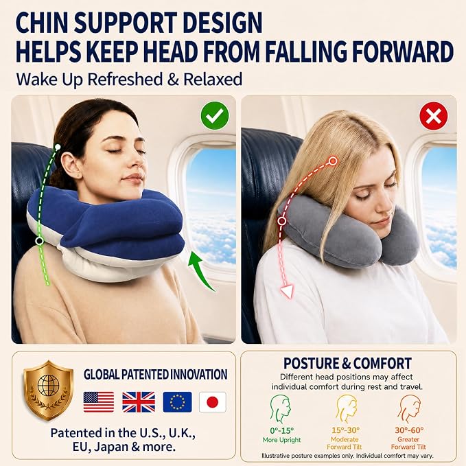 BUYUE Travel Neck Pillows for Airplanes, Memory Foam 360° Head Support Sleep for Long Flight, Skin-Friendly & Breathable, Kit with Eye Mask, Earplugs and Storage Bag (Adult, Navy, 90+ lbs)
