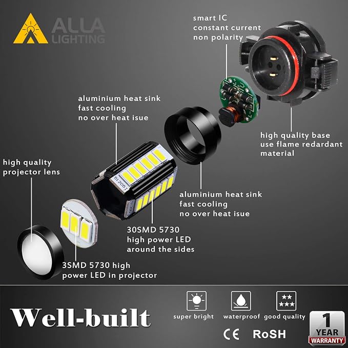 Alla Lighting Super Bright PSX24W 2504 LED Fog Light Bulbs, 6000K Xenon White 2800Lms 12276 Auto 12V Fog Lamps Replacement 5730 33-SMD LEDs
