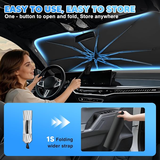 KUST 56" * 31" Upgraded Windshield Sun Shade Umbrella - 【Medium Size】 - Foldable Ice-Crystal Shade Umbrella with Bendable Handle - Blocks UV Rays Keep Car Cool - Easy to Install and Use