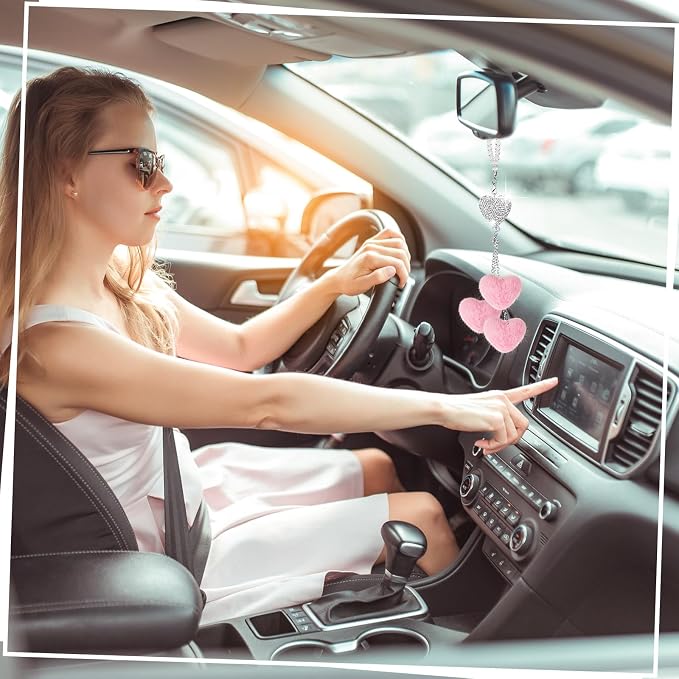 Frienda Pink Car Rear View Mirror Accessories for Women Bling Heart Shaped Rhinestone Hanging Charm Sparkly Rear Mirror Ornament Pendant Gift for Girlfriend Wife Female Drivers Car Interior Decoration