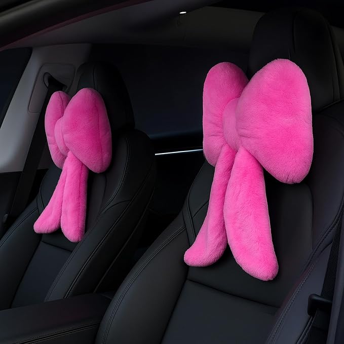 Macarrie 2 Pcs Rose Red Car Neck Pillow Plush Butterfly Bow Car Headrest Pillow Comfortable Seat Neck Support Cute Head Rest Accessories for Driving Travel Driver Chair Girl Interior Decor(Solid)