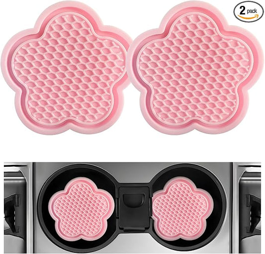 DXNQ 2 PCS Car Cup Coasters, Cute Flower Shaped Car Cup Holder Mat, PVC Waterproof Anti Slip Vehicle Cup Holder Insert Coaster, Universal Car Interior Decor Accessories (Pink)