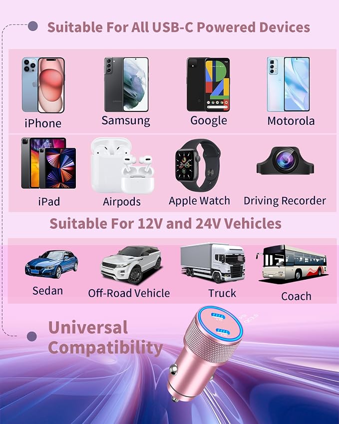 [Apple MFi Certified] iPhone 17 Car Charger, Linocell 90W Dual USB C Power Cigarette Lighter Car Carplay Charger with 2Pack Type C Braided Cable for iPhone 17/17 Pro Max/16 Pro/15/Galaxy S26/S25/Pixel