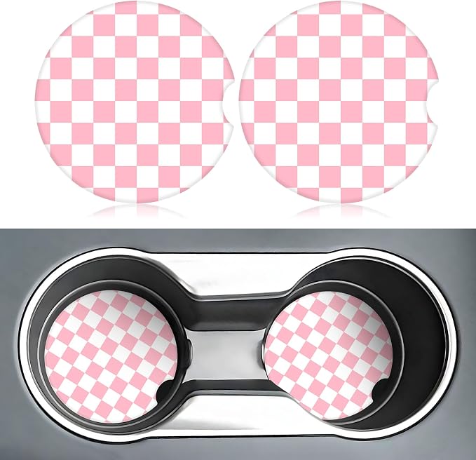 Pink and White Checkered Car Coasters for Cup Holders,2 Pack Car Cup Holder Coasters for Car,Ceramic Absorbent Car Coaster with A Finger Notch and Cork Base,Car Interior Accessories for Women Men