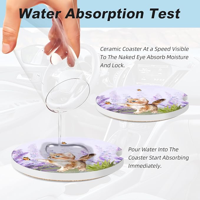 Lavender Butterfly Cute Cat Car Coasters for Cup Holders,2 Pack Car Cup Holder Coasters for Car,Ceramic Absorbent Car Coaster with A Finger Notch and Cork Base,Car Interior Accessories for Women Men