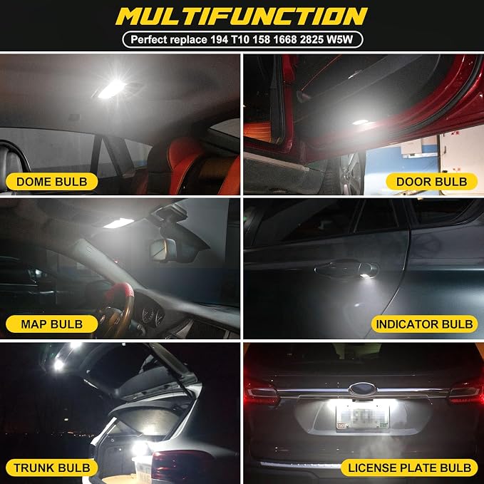 Spurtar 30PCS 194 LED Bulb 6000K White 168 W5W 2825 194 T10 LED Bulb Wedge COB Replacement Bulbs Error Free for Dome Map Door Courtesy Trunk Parking License Plate Lights etc.