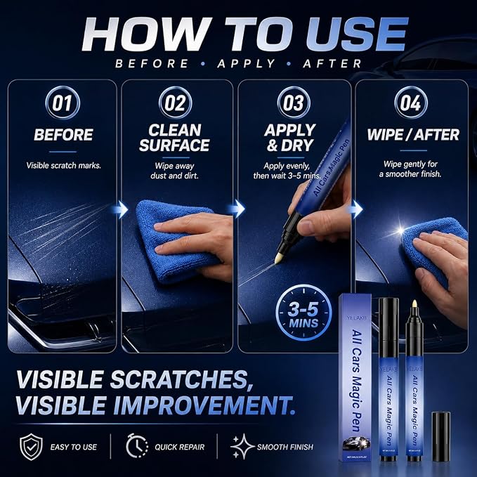 2PCS Magic Car Scratch Removal Pen, Car Scratch Remover Pen, Quick Paint Scratch Repair Pen, Waterproof & Sunproof Touch Up Pen for All Vehicles & Most Colors Clear