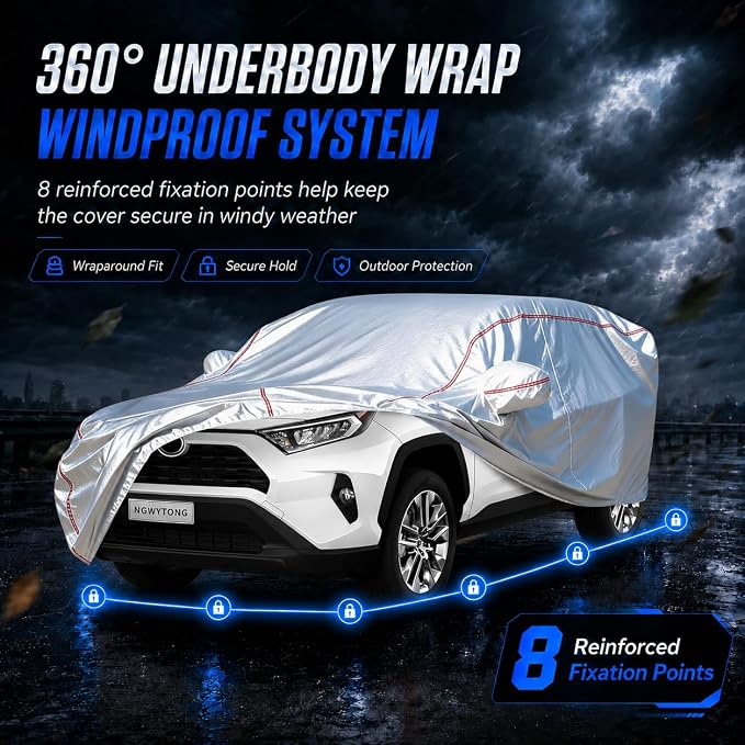 Waterproof All Weather Heavy Duty Vehicle Cover, 360° Underbody Wrap Windproof Design, Quick Install Outdoor Cover,（for Toyota Rav4 2006-2025）
