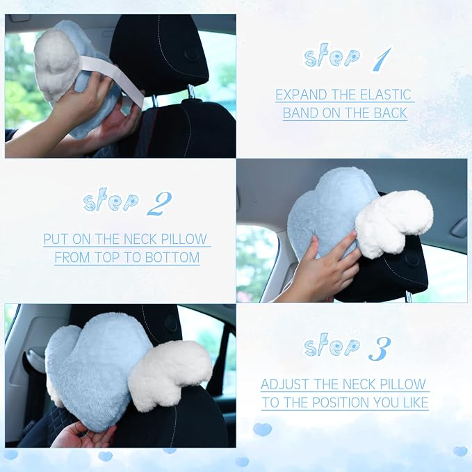 Macarrie 2 Pcs Plush Heart Shaped Pillow with Angel Wings Car Headrest Soft Comfortable Seat Pillow for Driving Travelling Room Office Car Decor, 19.7 x 8.3 Inch(Light Blue)