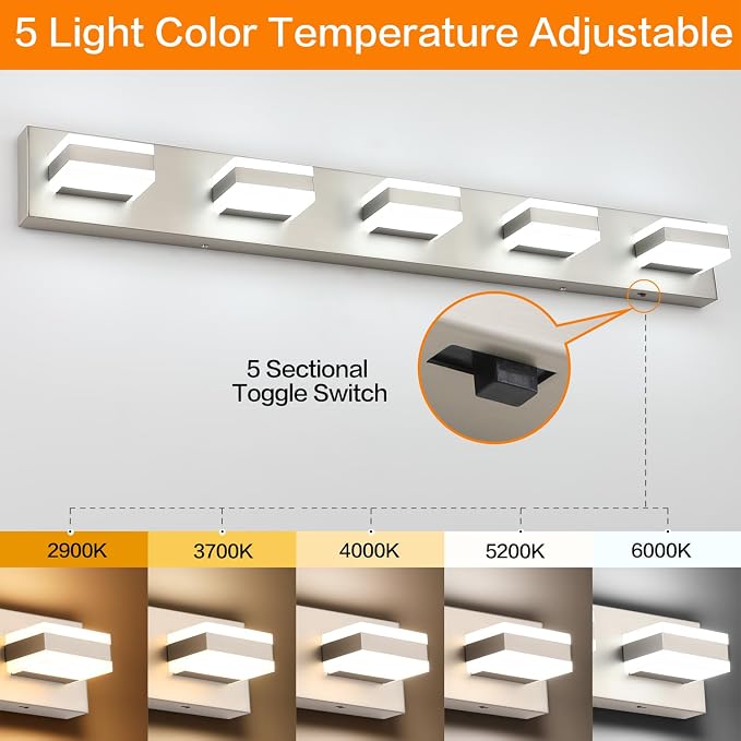 SOLFART Bathroom Brushed Nickel Bathroom Light Fixture, Vanity Lights Over Mirror, 5 Light Led Lights for Bathrooms,5 Color Temperature Adjustable Vanity Lights for Bath Nickel ETL Listed