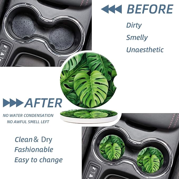 Cup Holder for Car,Tropical Leaf Pattern Ceramic Coasters Non-Slip Cup Holder Insert with Fingertip Grip, Auto Interior Accessories for Women & Men,Pack of 2, 2.56In