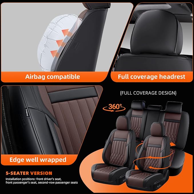 Universal 5-Seater Waterproof Breathable Nappa Leather Car Seat Covers Full Set, Compatible with Hyundai Tucson Sonata, Jeep Renegade, Honda HR-V, Fit Front Rear Seats Most Sedans SUV Black Brown