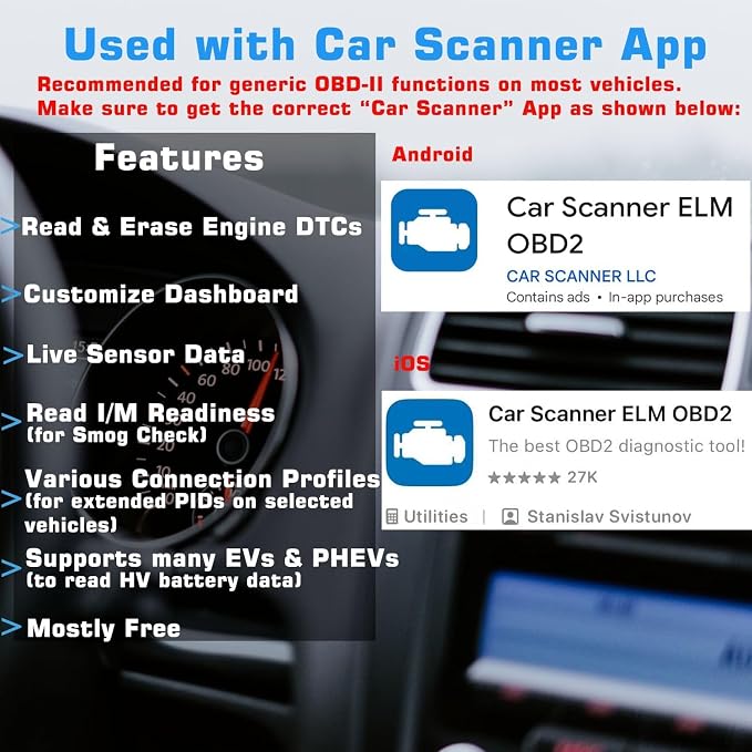 Bluetooth OBDII Scan Tool for iPhone & Android - No Subscription Fee - OBD2 Car Scanner and Code Reader - Diagnose Check Engine Fault, Supports 10 Languages and Most Cars After 1996