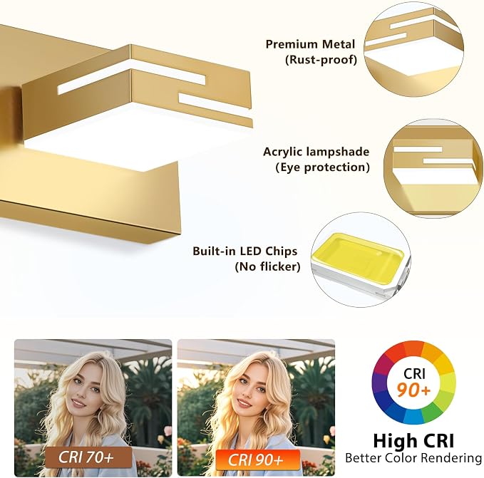 LED Modern Bathroom Vanity Light Fixtures, Dimmable Gold Vanity Lights for Bathroom Lighting Fixtures Over Mirror, with 360° Rotatable Heads 6-Light 42-inch (Cool White 6000K)