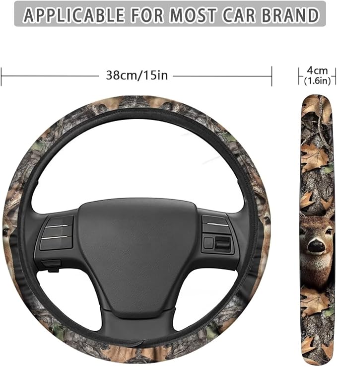 Wanyint Deer Camo Hunting Forest Grey Car Steering Wheel Cover Universal 15 inch Anti-Slip Auto Steering Wheel Protector Car Interior Decor for Women Men