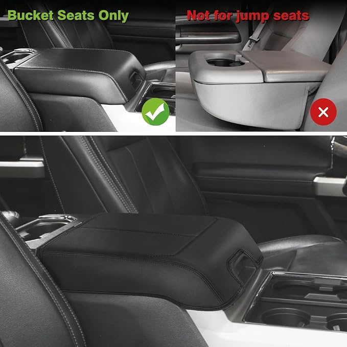 Muslogy Center Console Armrest Cover Fit for Ford F150 2015-2020 &F250 F350 F450 2017-2022 & Expedition 2018-2024 Accessories, Armrest Pad Console Lid Cushion Vegan Leather Regular Thick (Bucket Seat)