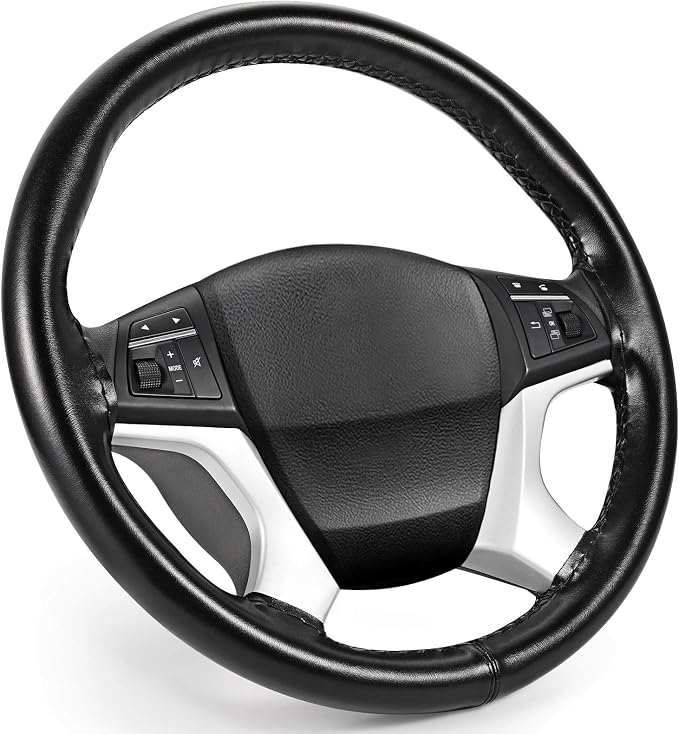 SEG Direct Genuine Leather Steering Wheel Cover, Stitch On Wrap, 15 Inch Steering Wheel Wrap for Car Truck SUV Pickup Boat, DIY Sewing with Needle Thread, Black